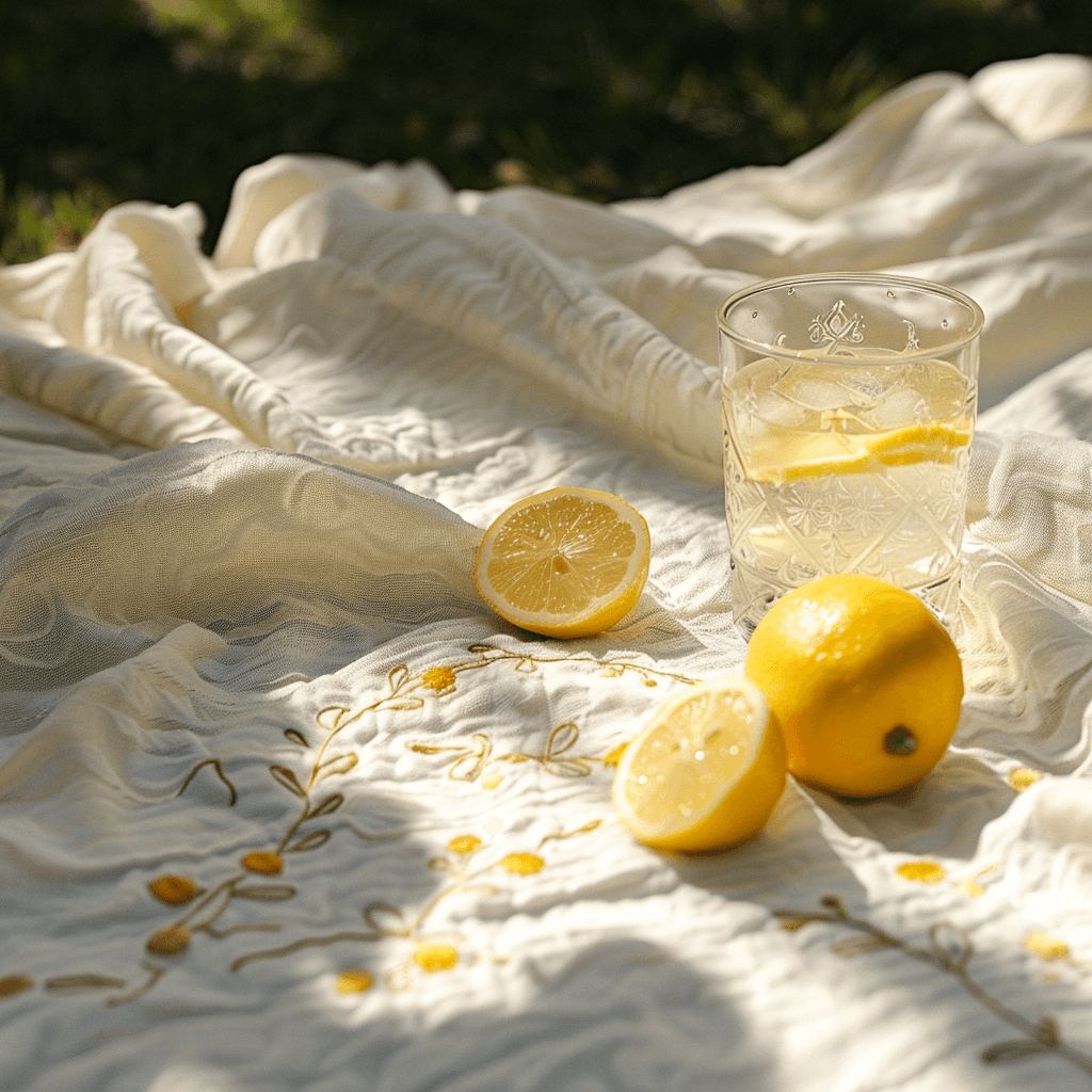 lemons and lemonade on a white cloth