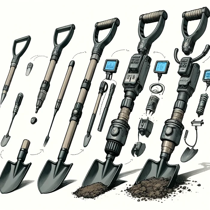 Series of sketches showcasing the evolution of a garden shovel design, starting with a simple concept and progressing to more intricate and detailed designs with advanced features.