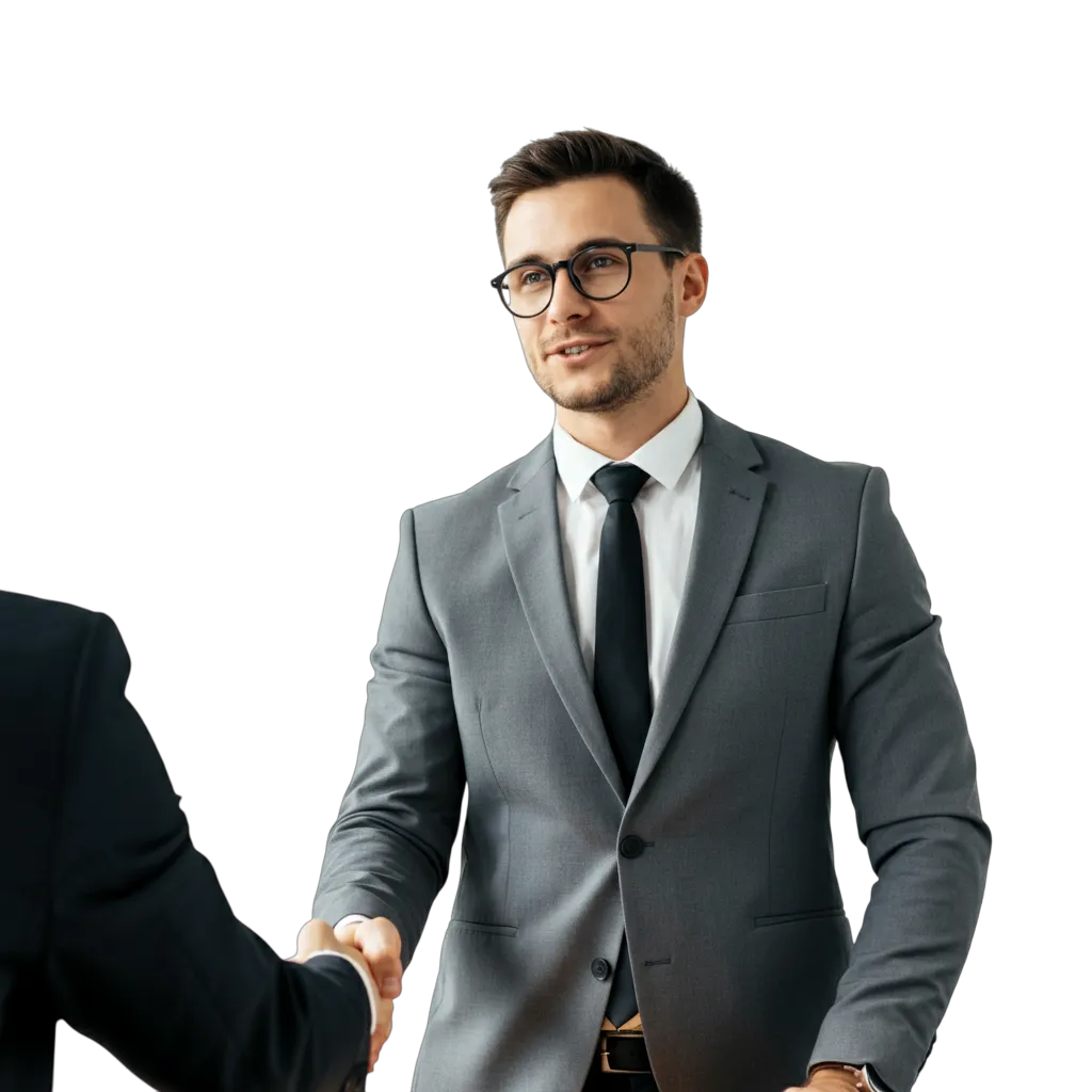 A young professional wearing a suit shaking the hand of another professional man