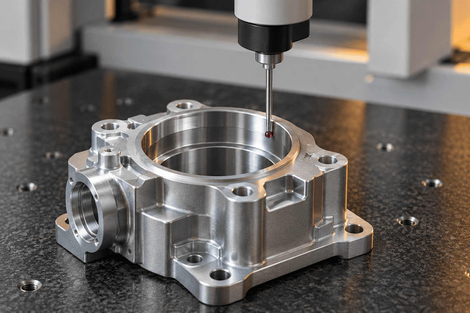 AI-generated CMM concept showing a probe near a machined housing; illustrative only, not evidence of equipment or inspection capability.