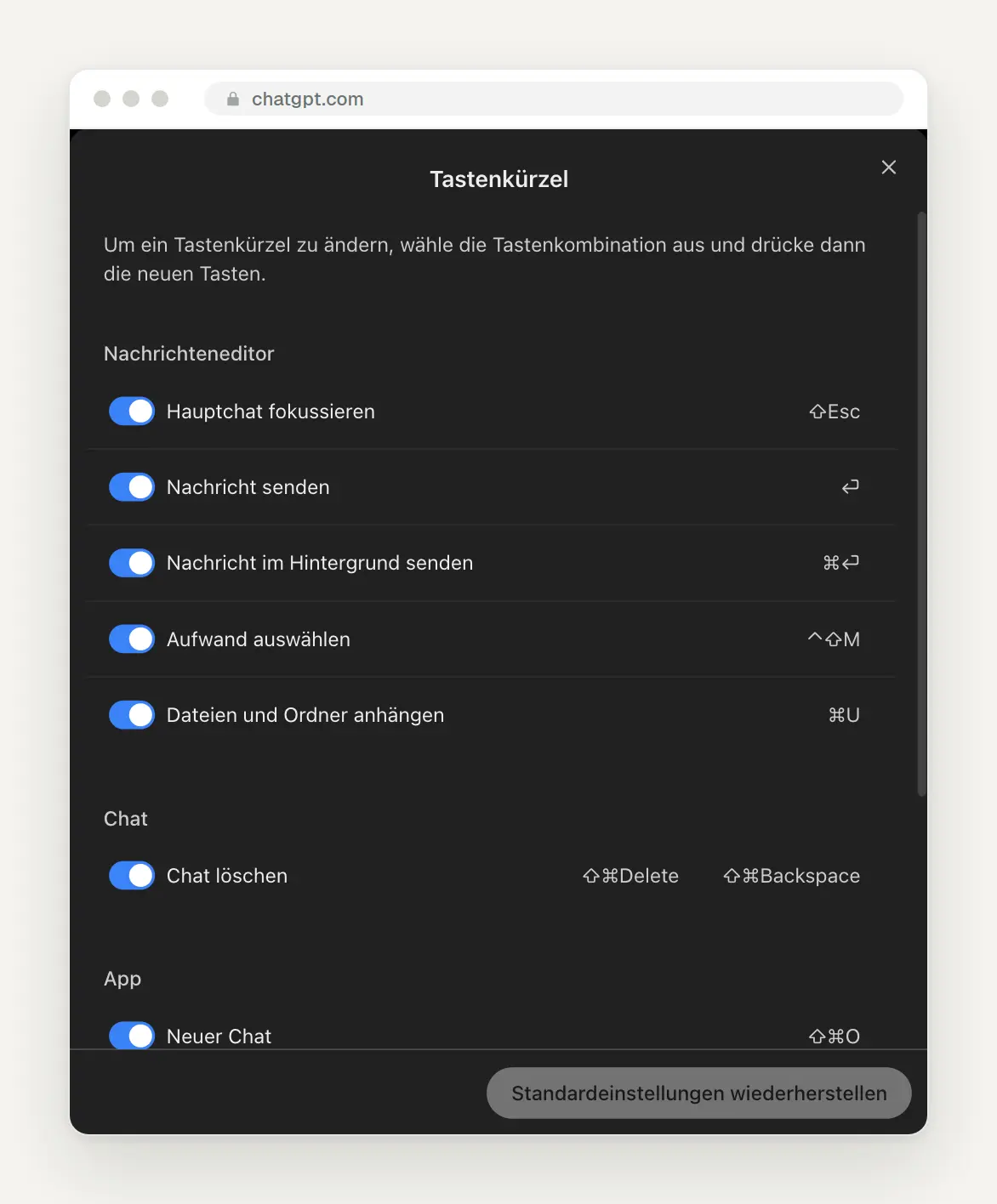Übersicht der Tastenkürzel in ChatGPT