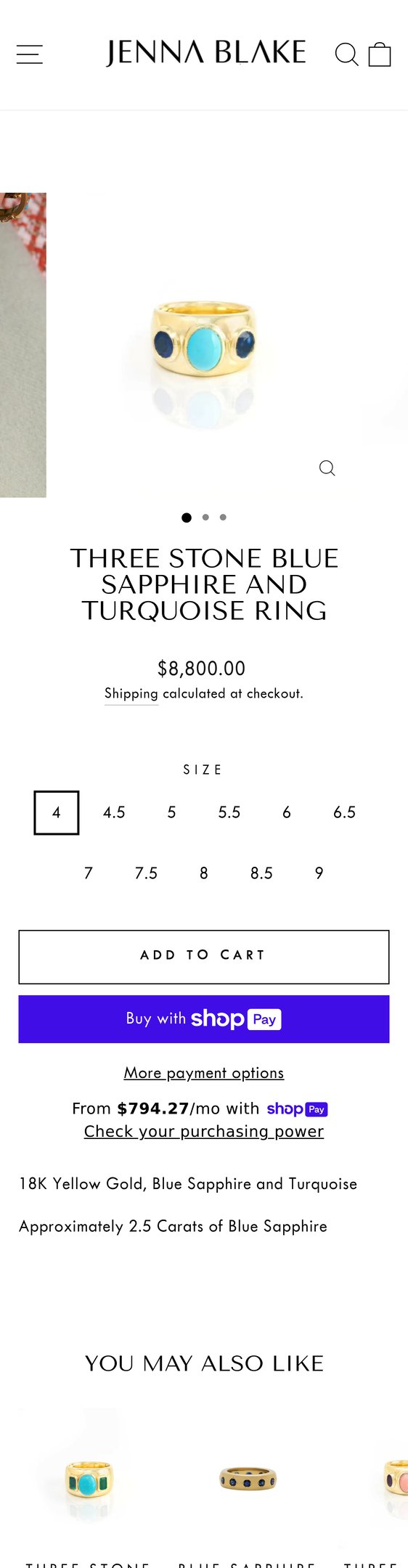 Jewelry product options include: ring for Three Stone Blue Sapphire and Turquoise Ring from Jenna Blake.