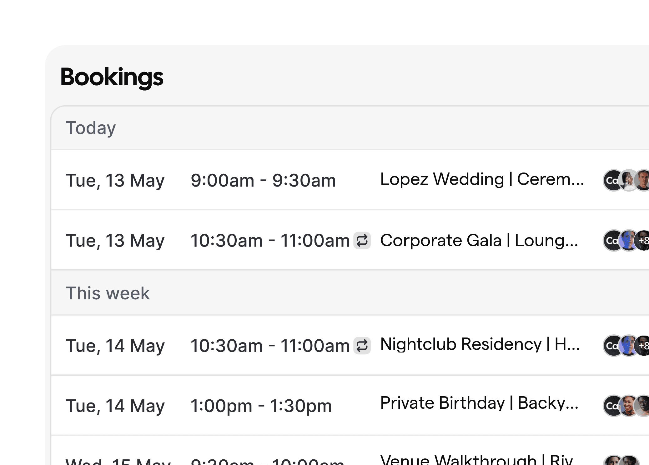 Bookings dashboard showing DJ events and venue walkthroughs categorized by today and tomorrow