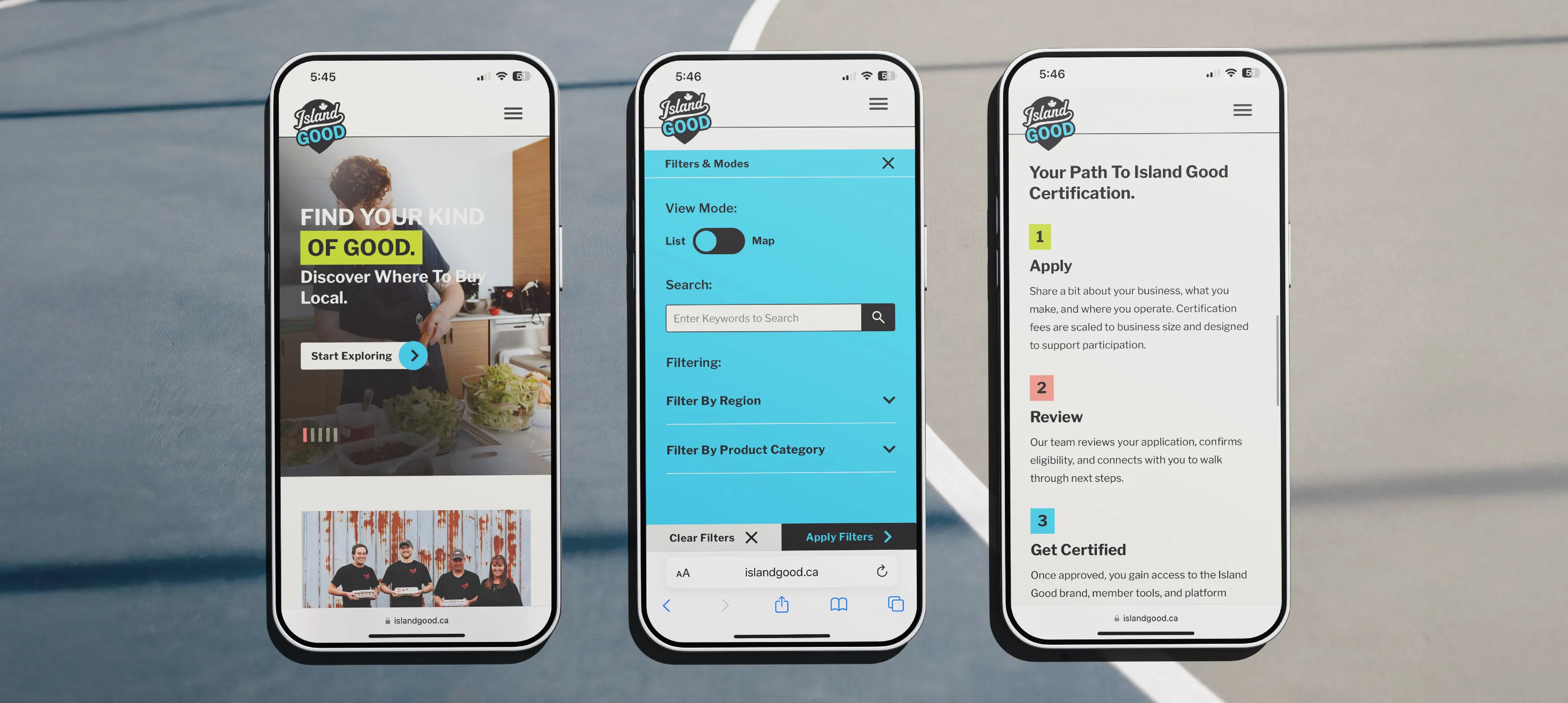 Three mobile screens of the Island Good website mocked up.