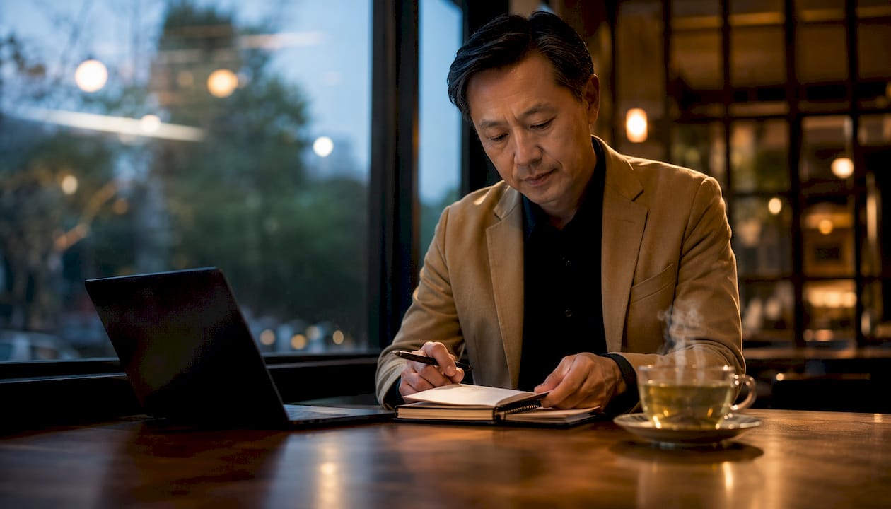 Professional reviewing appointment-setting leads at café