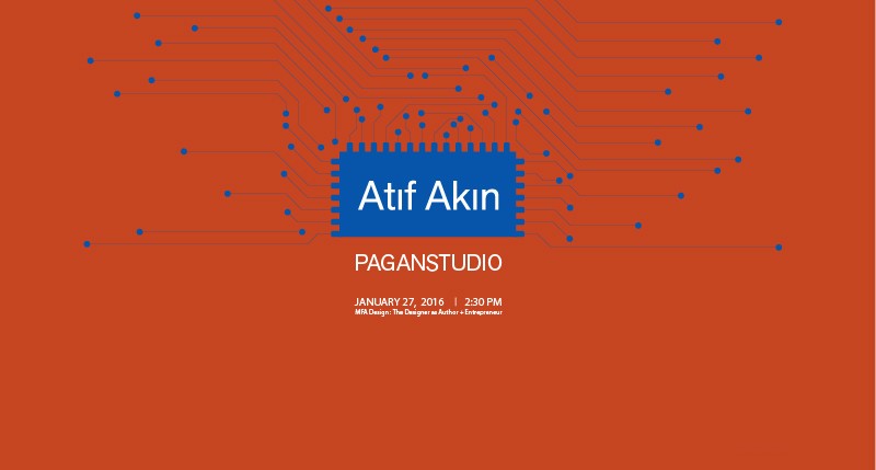 A red poster with some white text, some blue label with lines and dots around it. The text says: Atif Akin. Paganstudio.