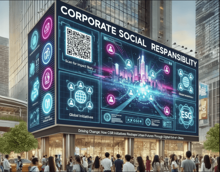 Large digital billboard displaying corporate social responsibility content, including ESG icons, data visuals, and a city skyline, viewed by pedestrians in an urban area.