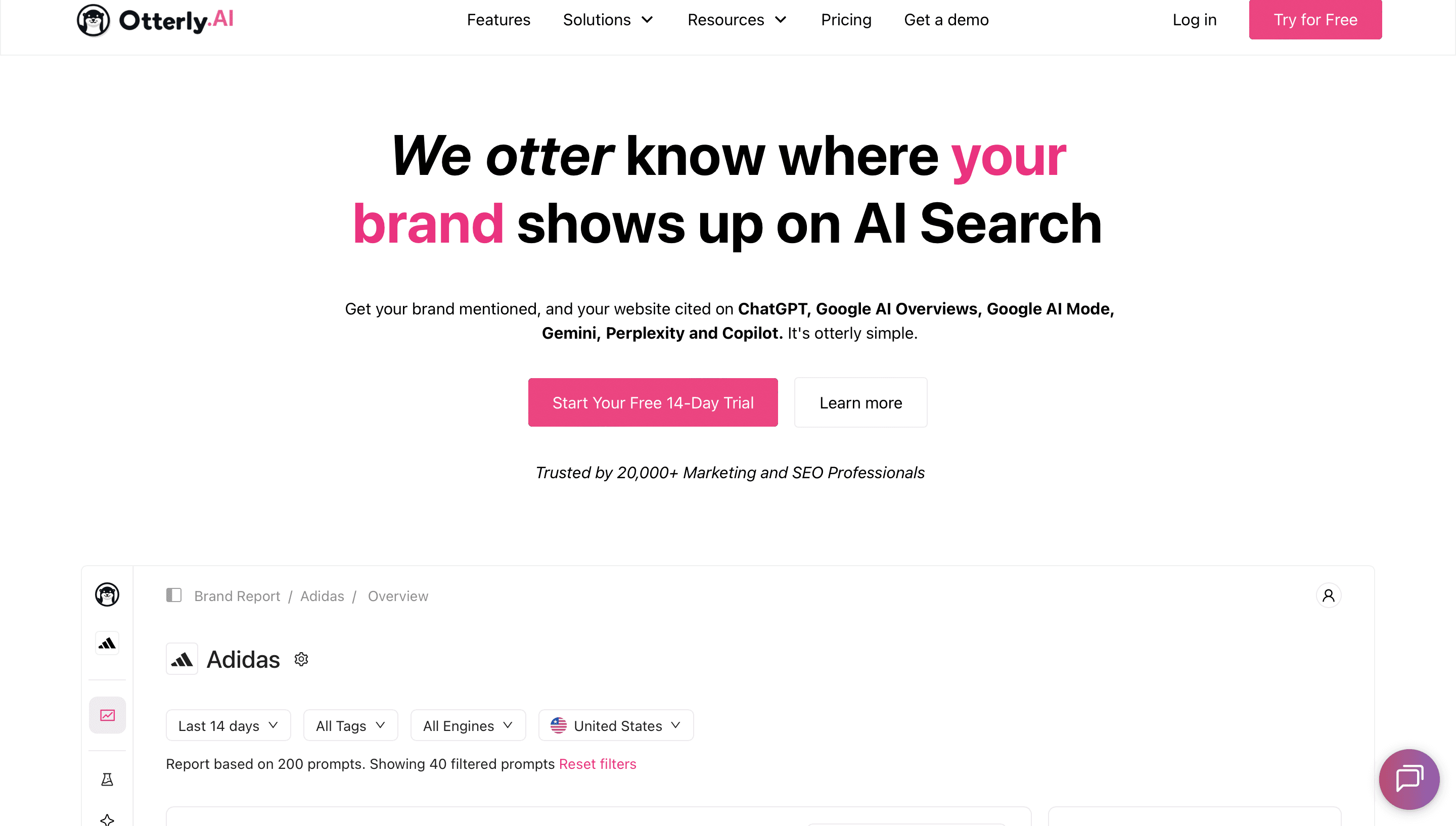 Screenshot of the Otterly.AI homepage showing the headline “We otter know where your brand shows up on AI Search” with a call-to-action for a free trial and a preview of the brand visibility dashboard report