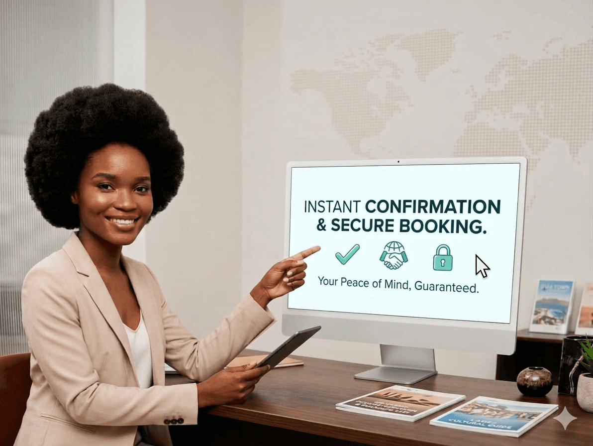 A receptionist lady Pointing at her deskptop screen