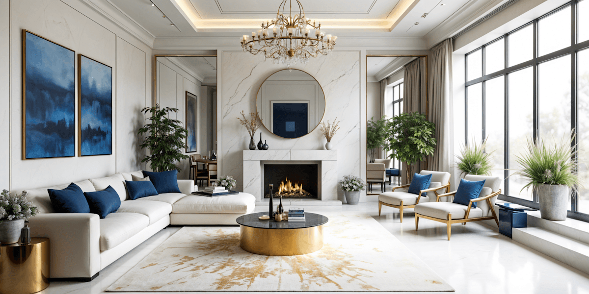 Grand living room with gold chandelier, marble fireplace, navy accents, and floor-to-ceiling windows
