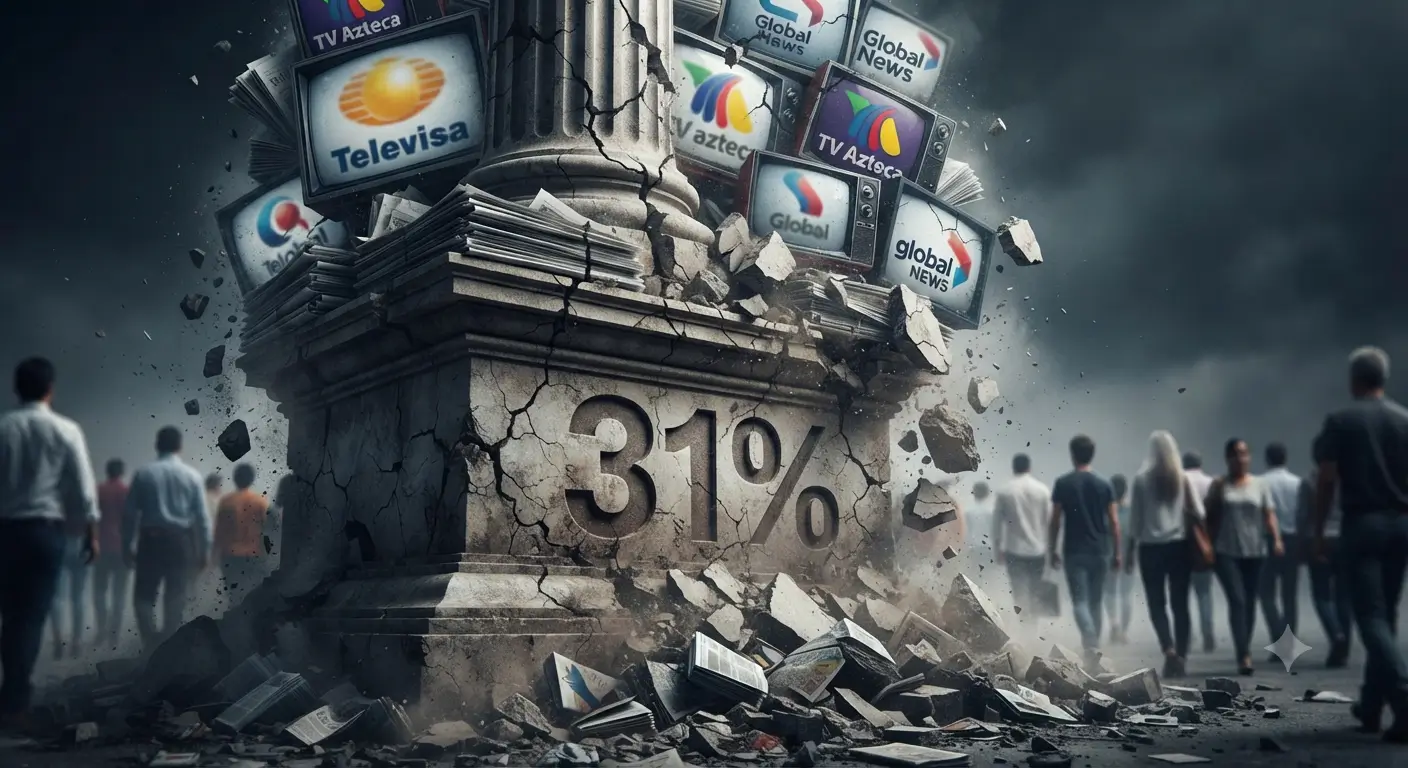 Illustration of crumbling corporate media with a 31% trust rating and TV news logos.
