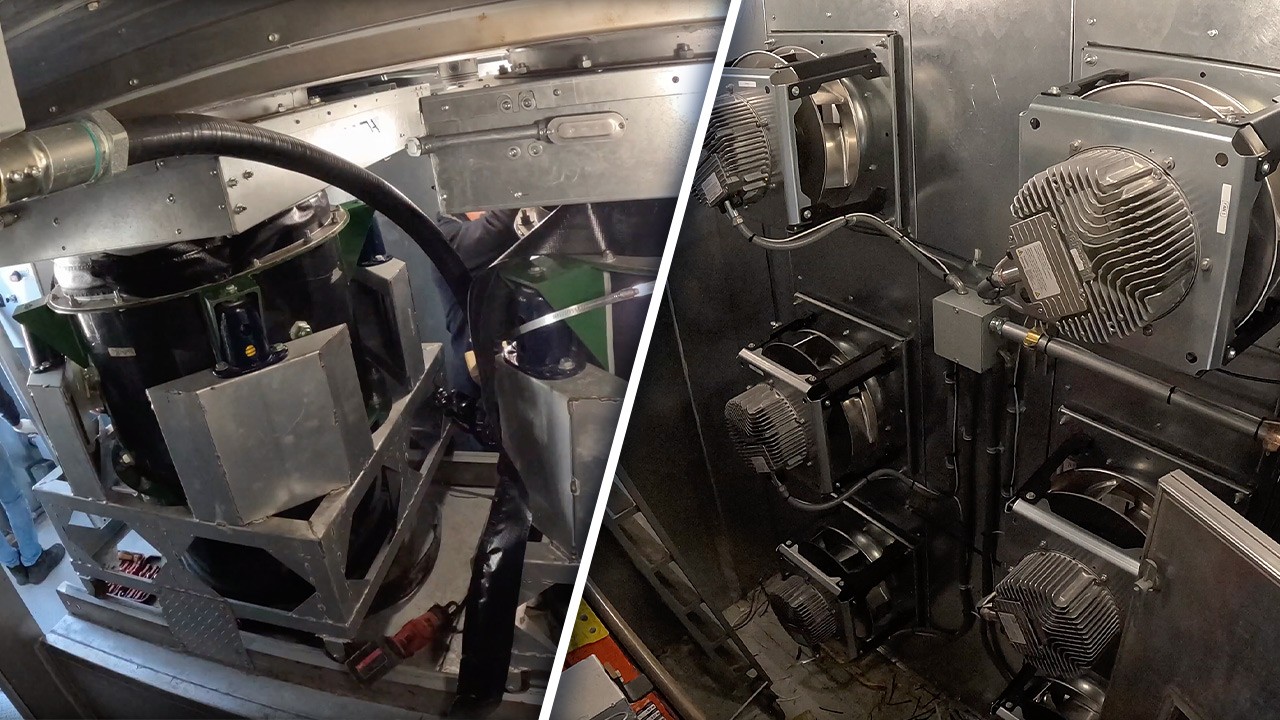 Before and after view of a hospital air handling unit showing legacy fan equipment on the left and a retrofitted EC fan array on the right, part of a live AHU modernization project in NYC.