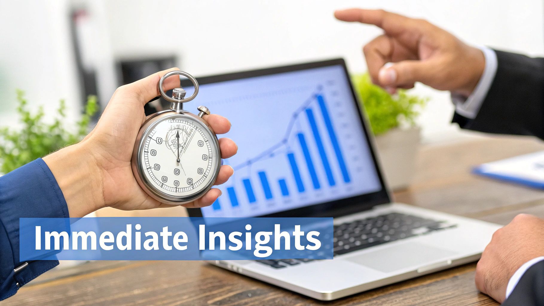 A hand holds a stopwatch next to a laptop displaying business growth charts, representing immediate data insights.