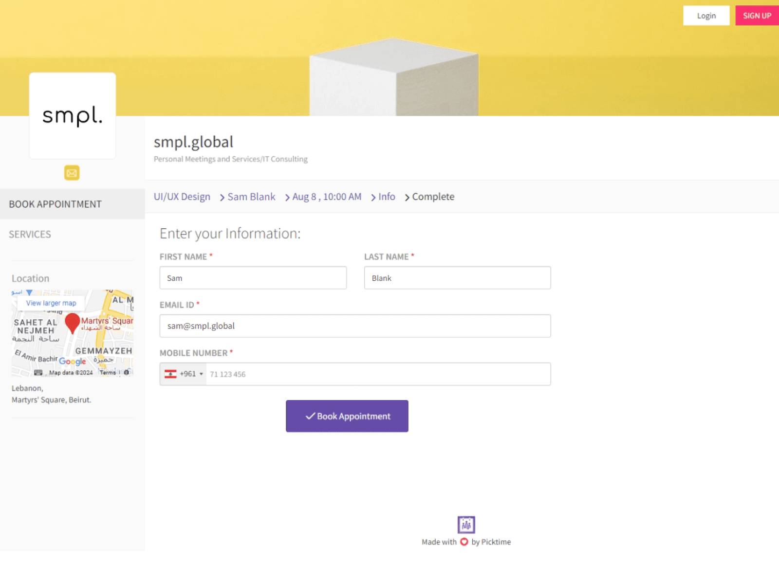 picktime's confirm booking before screen