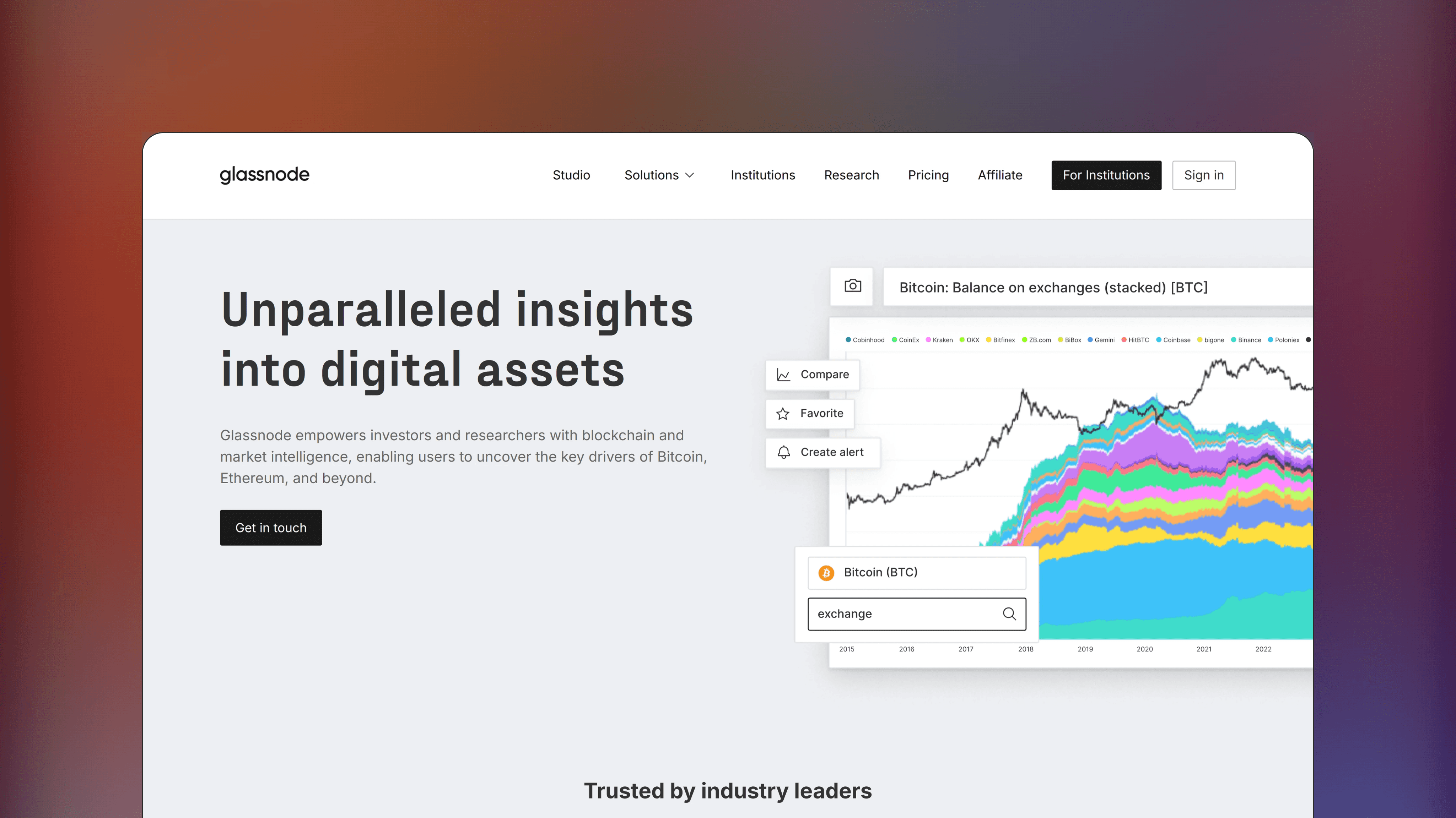 Website preview of Glassnode, trade analytics crypto platform featuring charts of network-level activity for crypto assets.