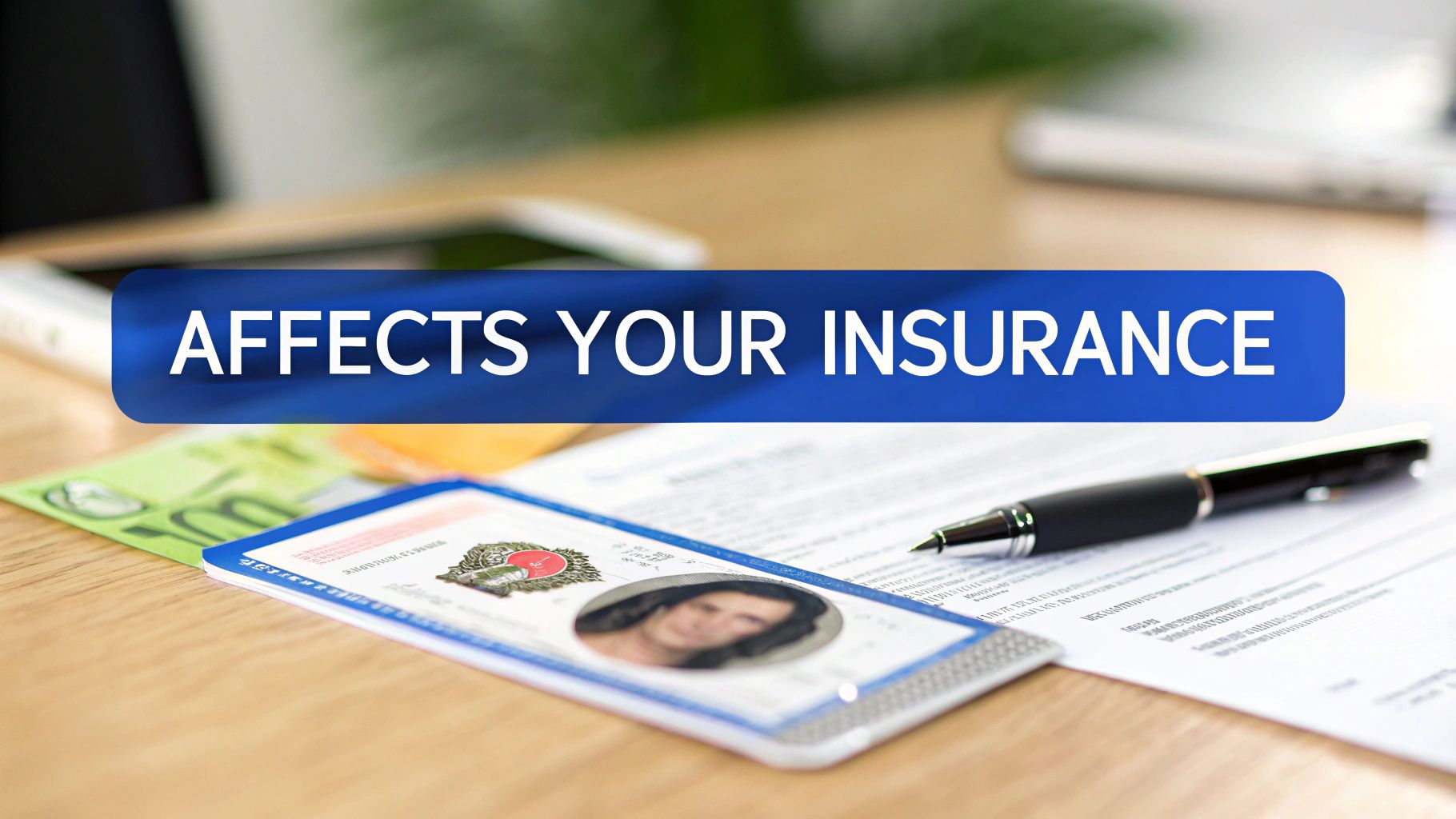 A blue banner displays 'AFFECTS YOUR INSURANCE' over a driver's license, pen, and document on a wooden table.