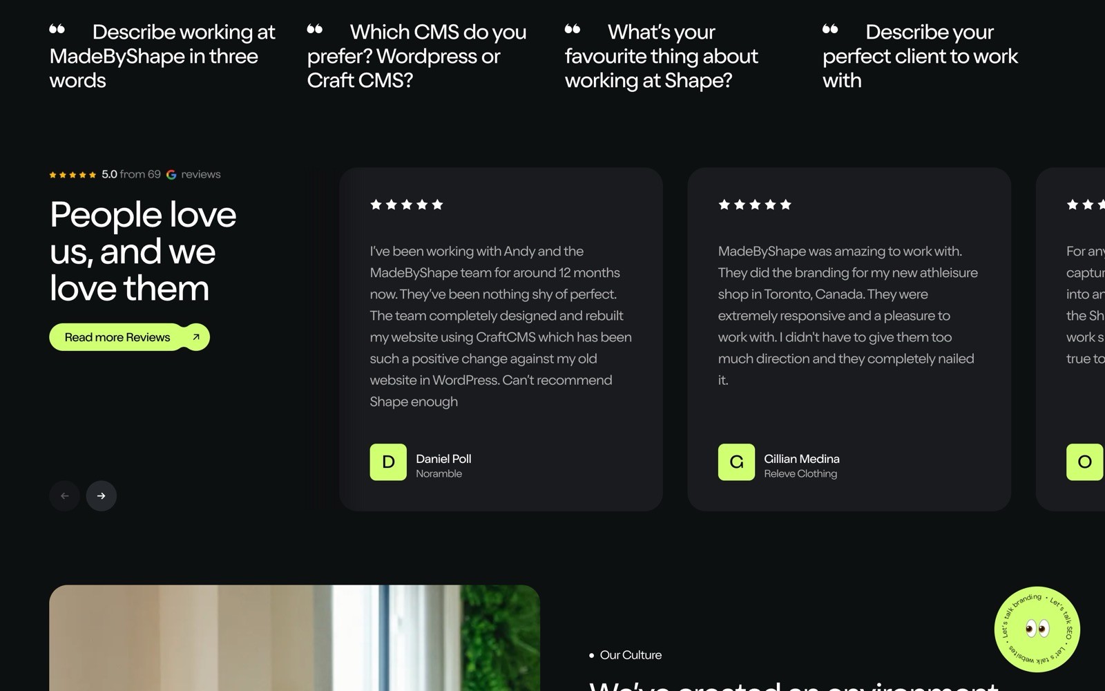 Made by Shape Testimonials section screenshot