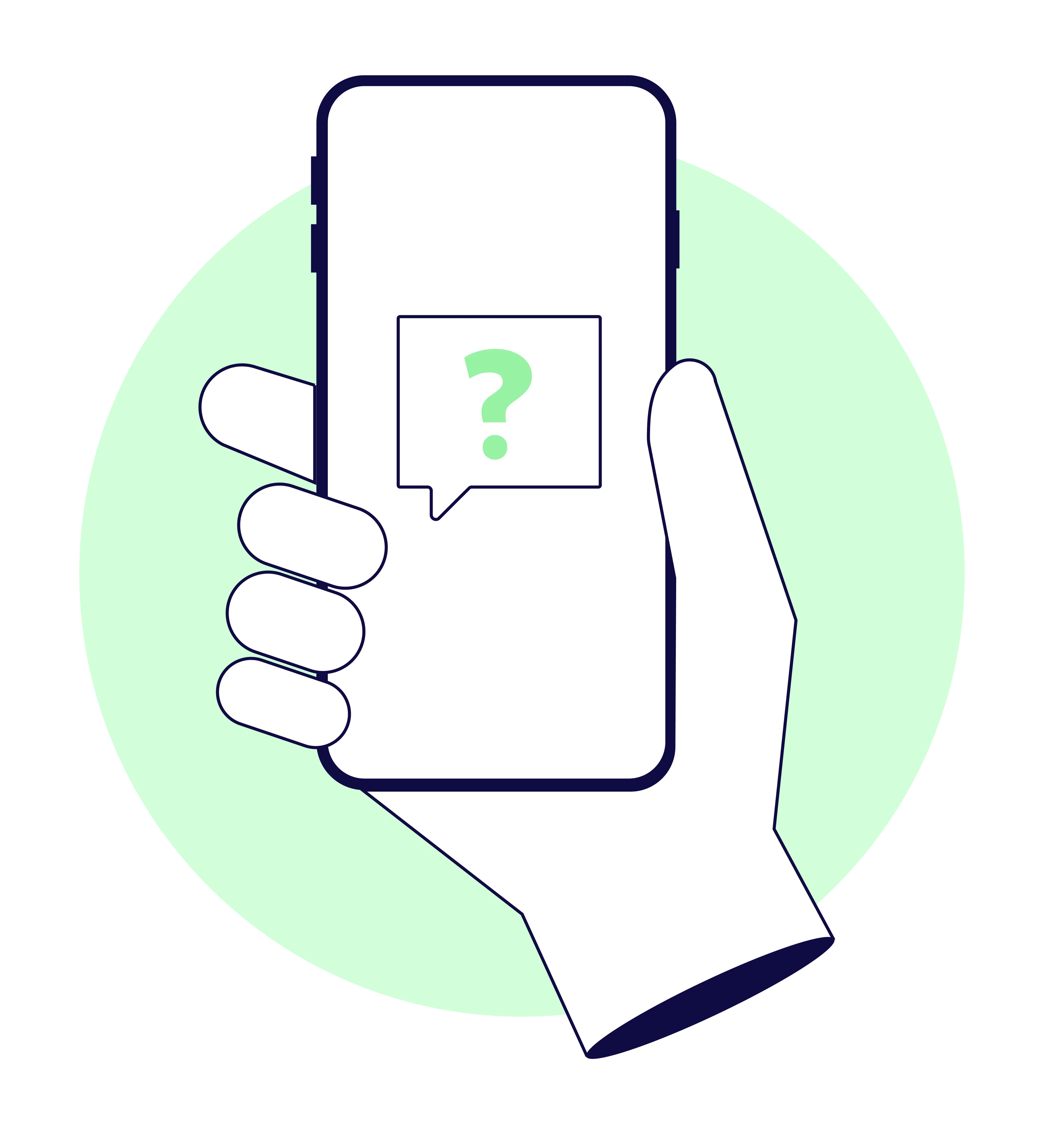 Ilustración de mano sosteniendo un celular con signo de interrogación para la sección de FAQ y servicio al cliente de Zona P