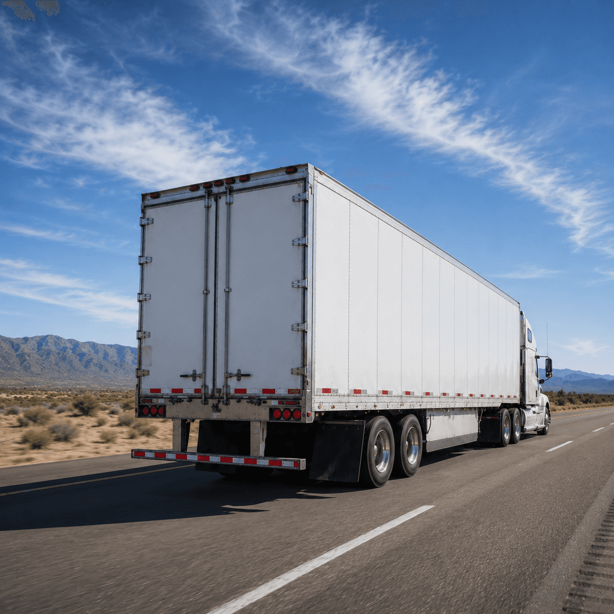 White semi truck driving on an open highway with mountains in the background, showing a full truckload shipment in transit.