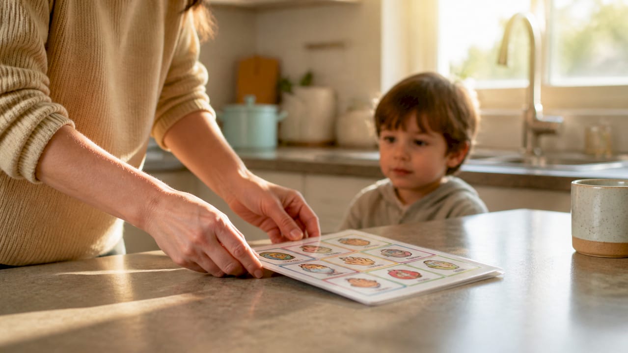 Caregiver setting communication board on table