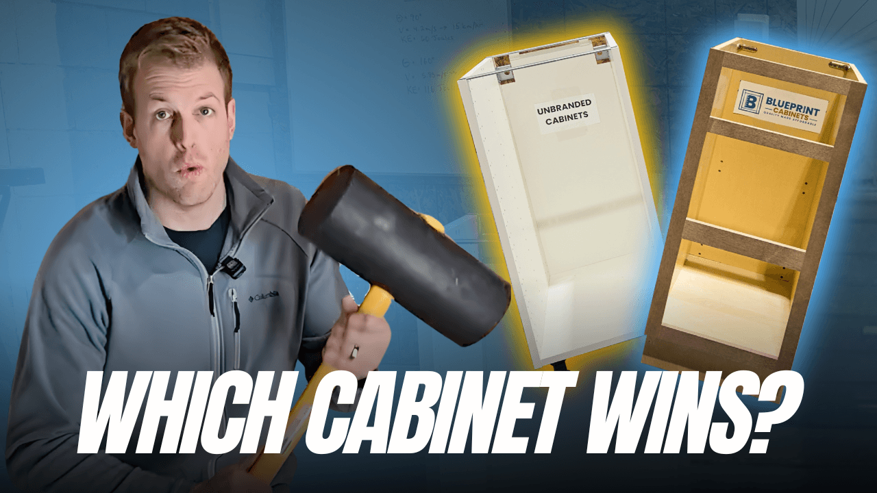 Man holding rubber mallet beside cabinet durability comparison between unbranded and BluePrint Cabinets products.