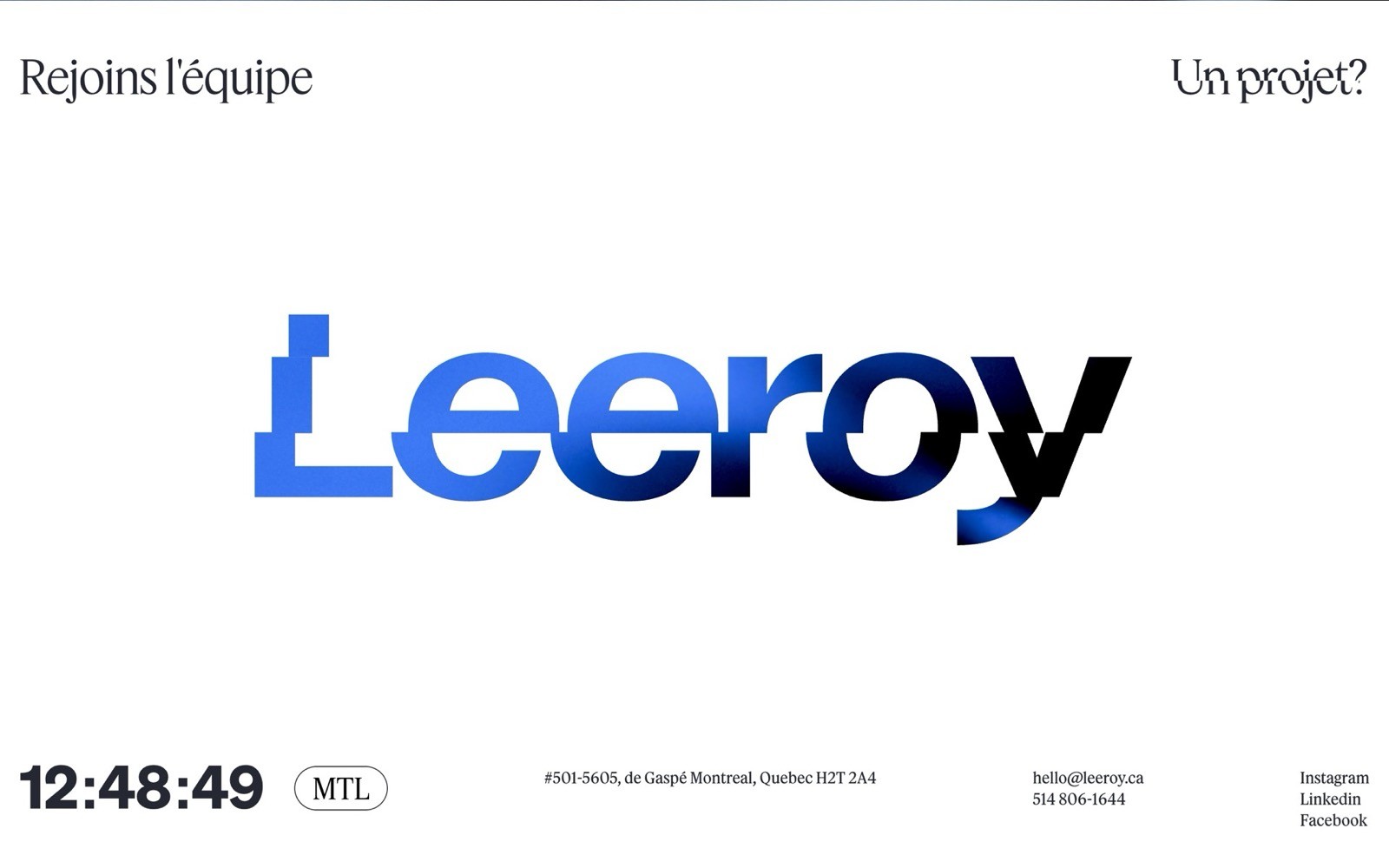 A stylized gradient blue to black logo with the text "Leeroy" on a white background, featuring additional small text elements and contact information around the logo.
