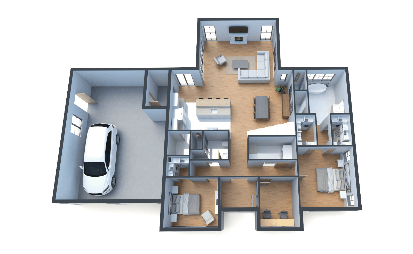 3D model of a two-bedroom house with a well-balanced layout, stylish open living spaces, and functional work and relaxation areas.