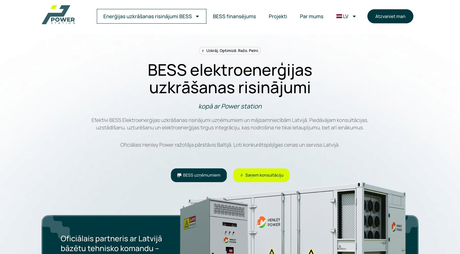 Power Station energy storage website home page with a battery storage unit