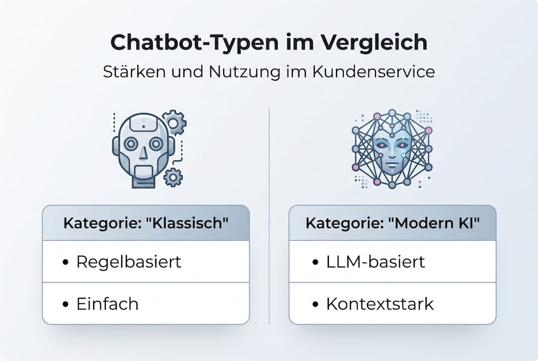 Übersichtliche Infografik: Verschiedene Chatbot-Arten und ihre jeweiligen Vorteile im direkten Vergleich