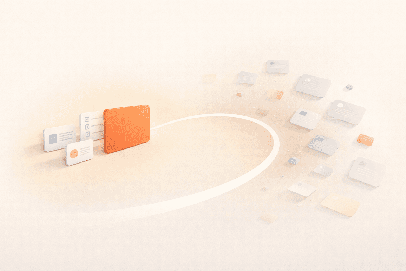 Minimalistische 3D-Illustration mit einer klar leuchtenden korallfarbenen Fokuskarte auf der linken Seite, umgeben von geordneten Aufgaben- und Checklisten-Elementen. Nach rechts hin zerfallen die Strukturen in weichere, verstreute und halbtransparente Entscheidungs- und Aufgabenfragmente, die im warmen cremebeigen Hintergrund verschwimmen und die abnehmende Entscheidungsqualität im Tagesverlauf darstellen.