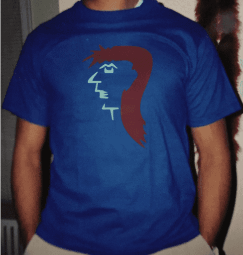 blue t-shirt with graphic profile of a person with a mullet haircut