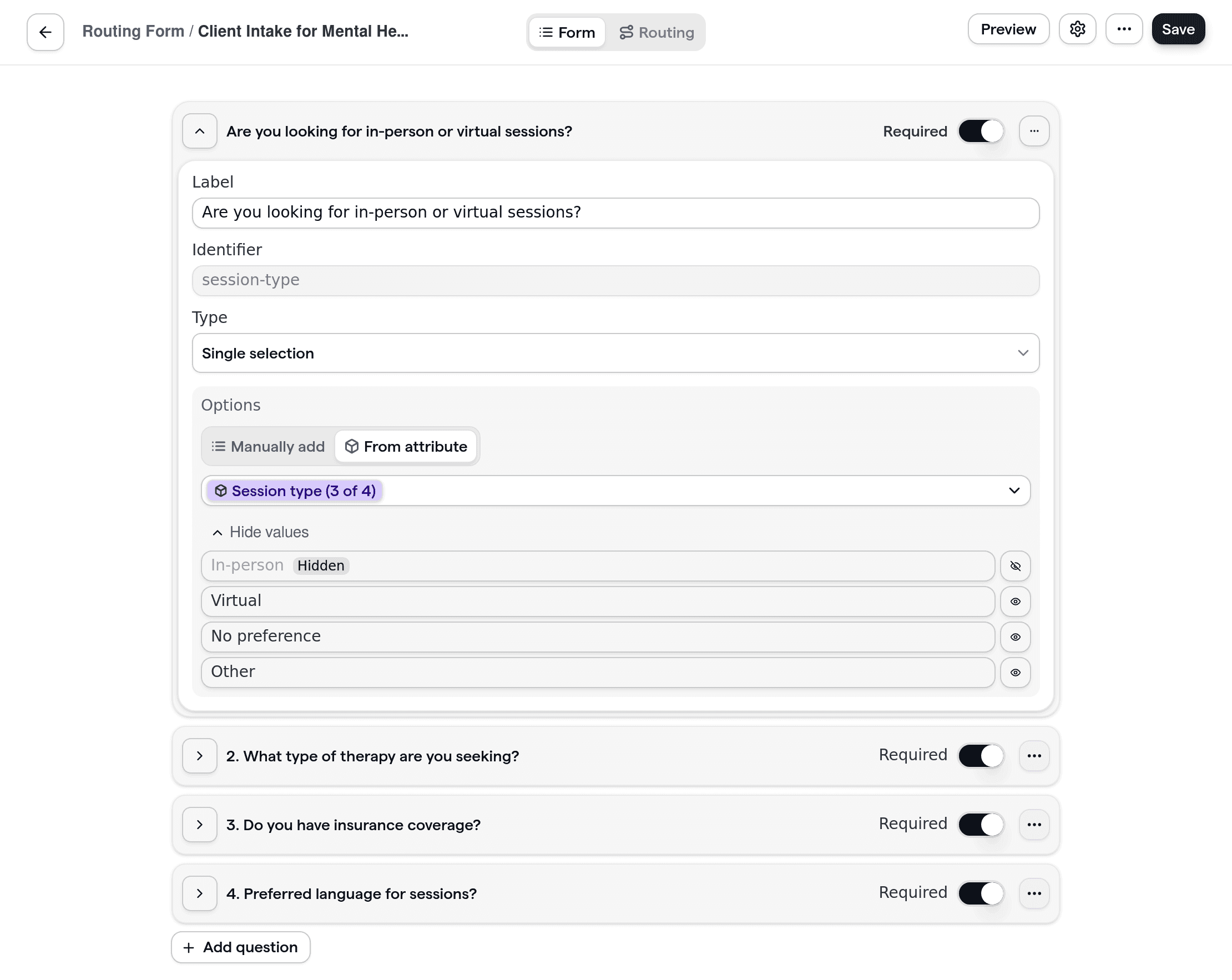 Cal.com routing form showcasing a customizable intake form for mental health clients, including therapy type, insurance, and session format questions.