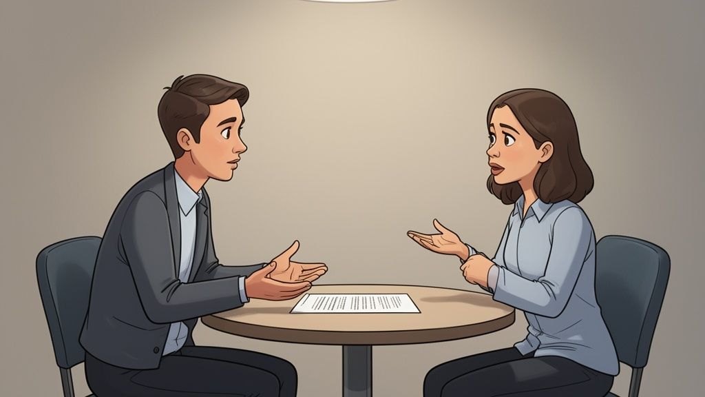Two professionals discussing a document across a table, using hand gestures during their conversation.