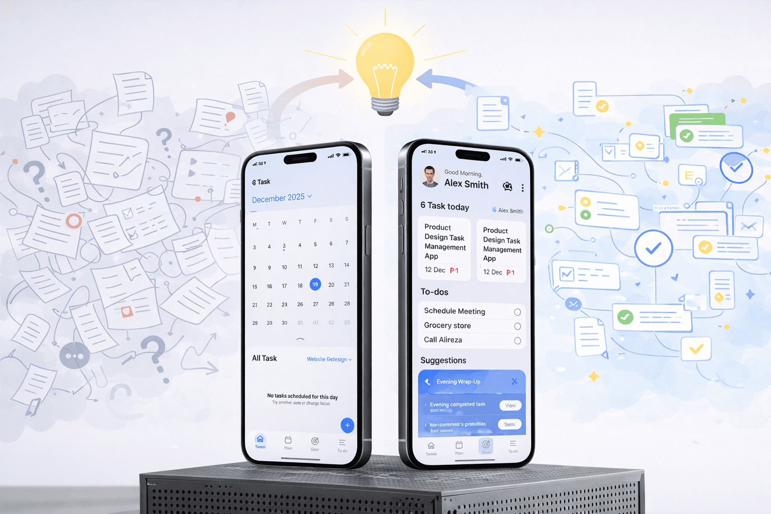 Two iPhone 16 devices displaying a task management app, showing a calendar planning screen and a daily task dashboard, placed on a modern platform with minimal illustrations symbolizing clarity and organizatio