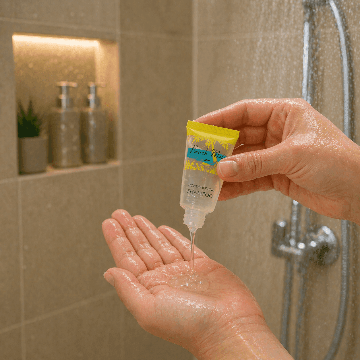 Close-up of a small Beach Mist conditioning shampoo tube dispensing liquid into a person’s hand inside a hotel shower, with warm lighting, water droplets, and a clean spa-like environment.