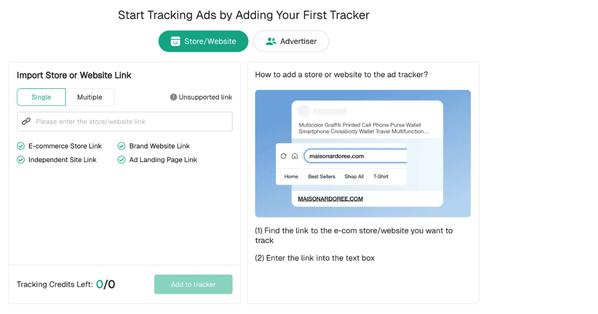 AdSpy tracker setup screen for adding a store or website link to start tracking ads