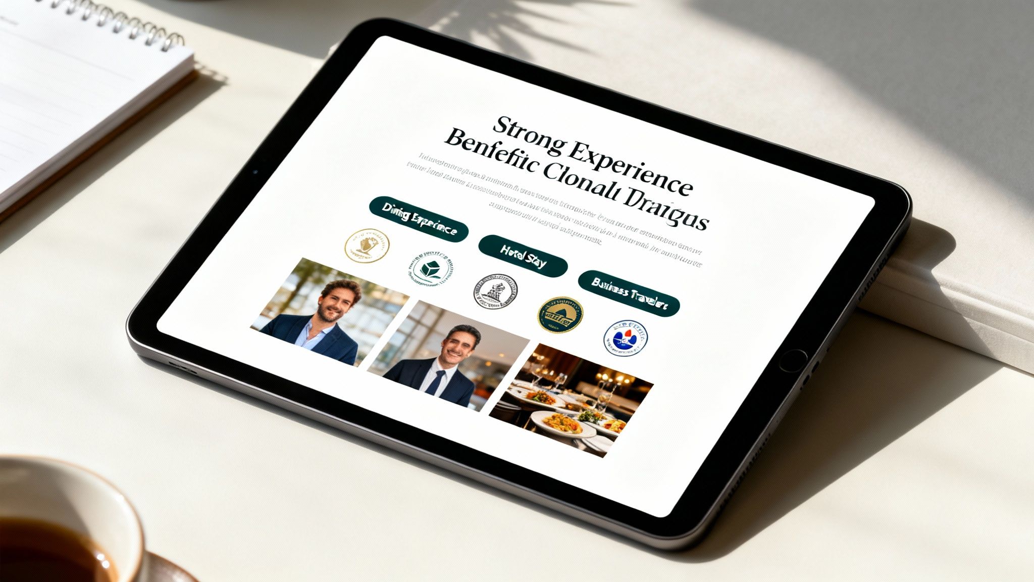 Tablet displaying a customer testimonial and experience landing page with service options and professional photos.