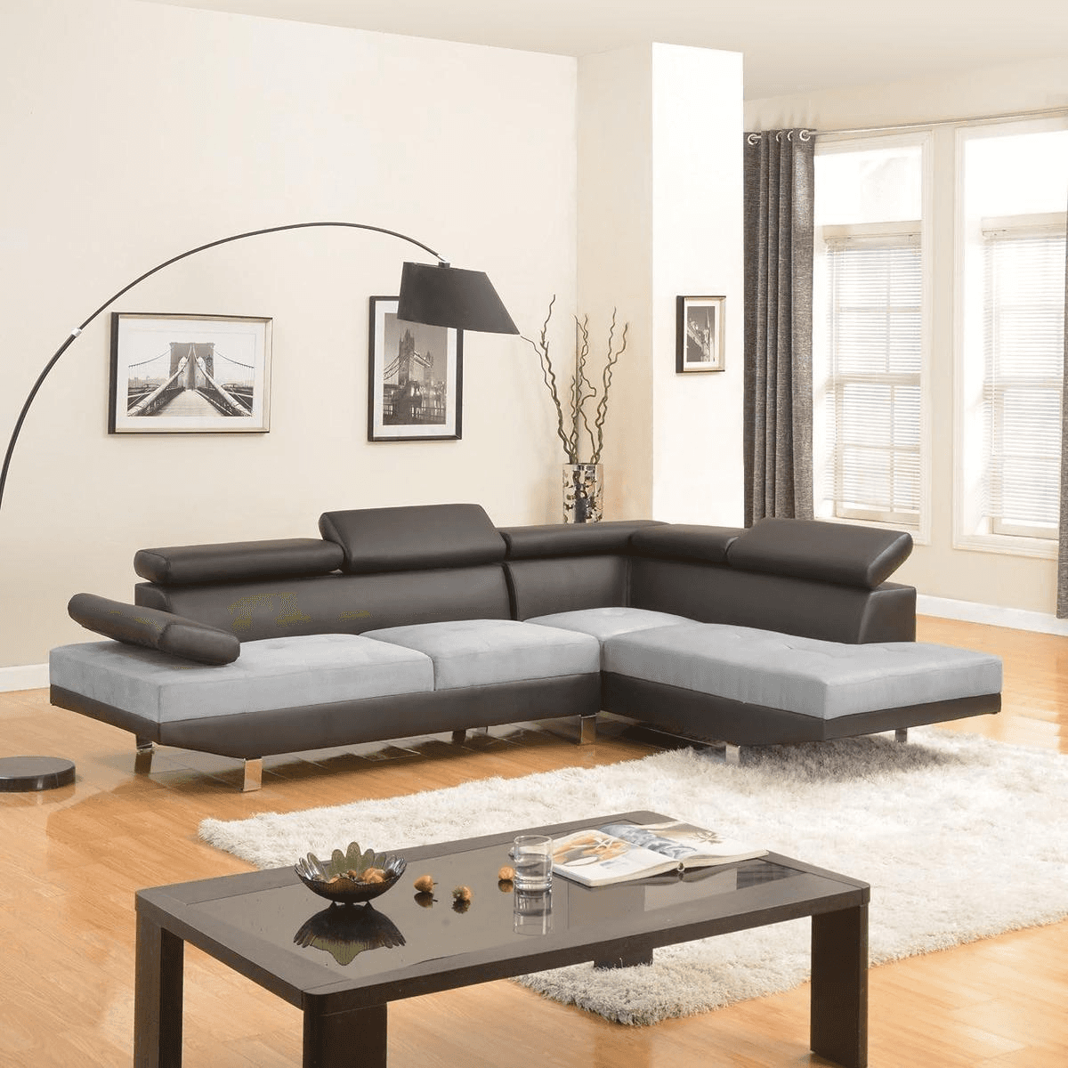 Gray and black Divano Roma two-tone microfiber sectional sofa in a contemporary living room with modern decor