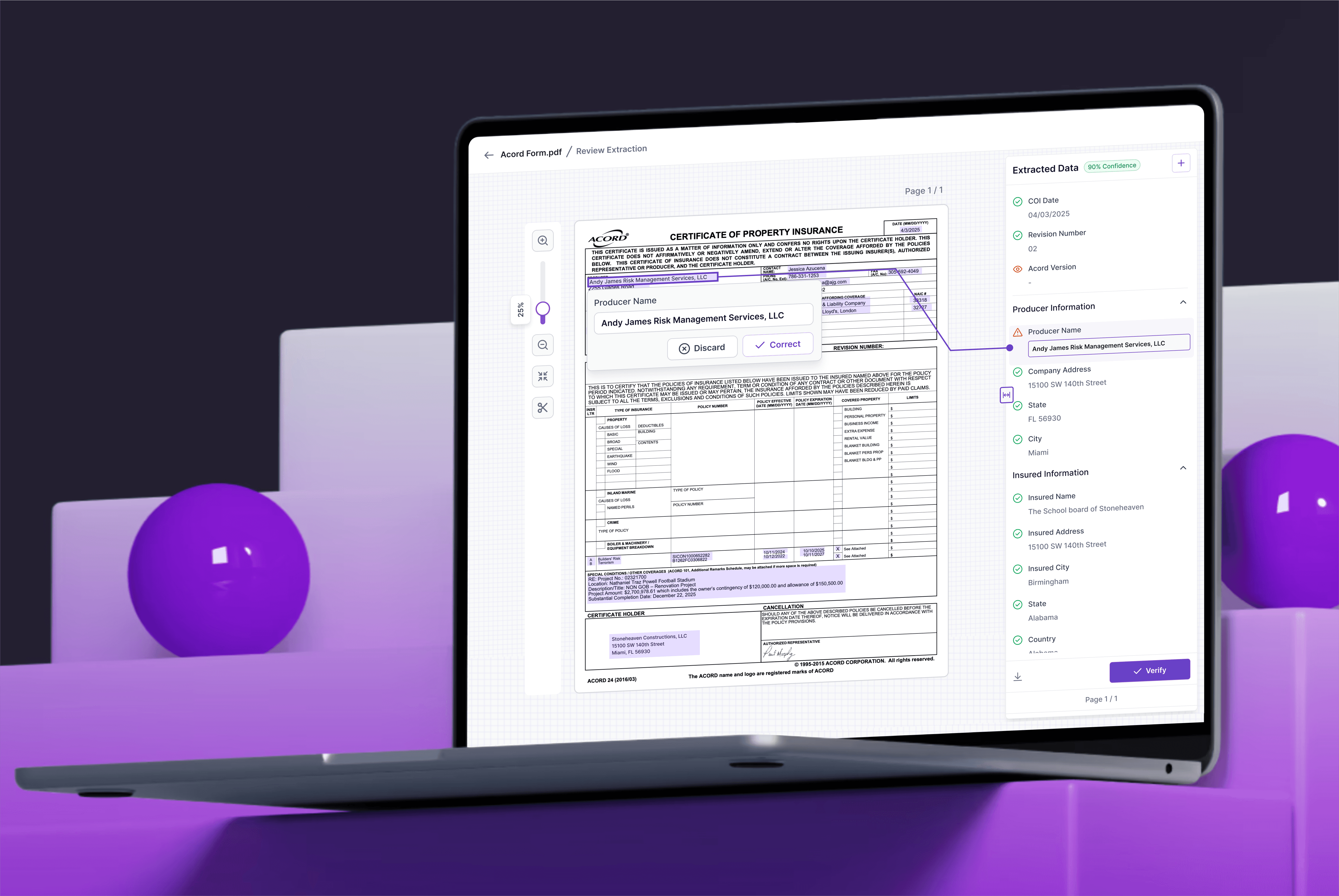 A laptop screen displaying an insurance document (ACORD form) being processed in a data extraction tool. The system highlights and extracts fields like Producer Name, Company Address, and Insured Information, with options to correct or verify the extracted data. The background includes purple 3D spheres and steps.