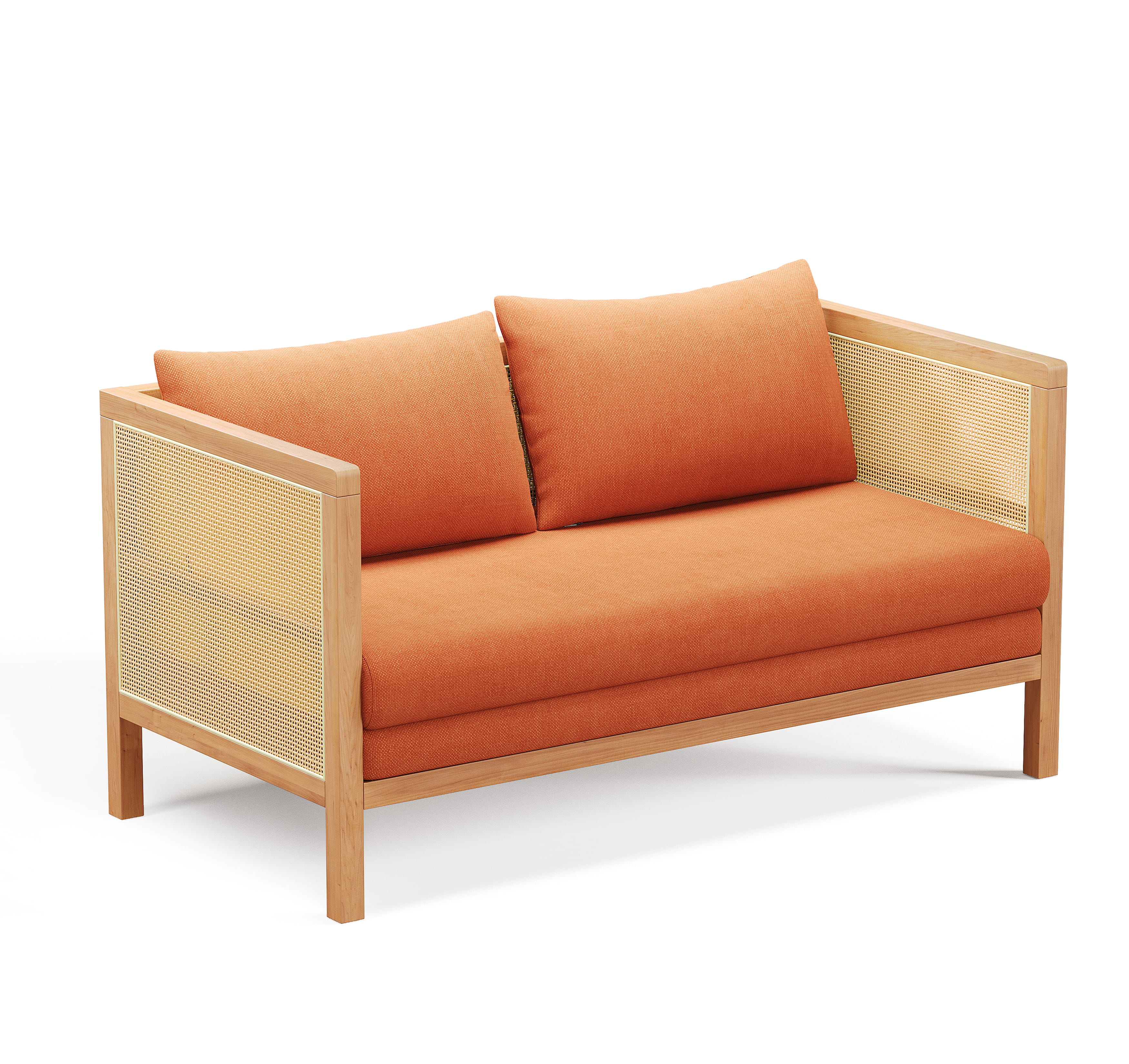Angled view of cane-sided wooden sofa with orange cushions, modern 3D render