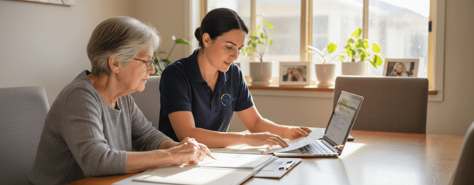 woman in orange long sleeve shirt sitting beside table with macbook pro