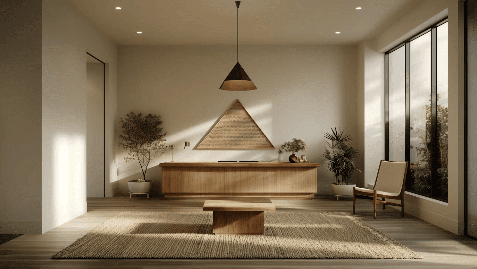     Minimal interior with warm wood finishes and soft natural lighting