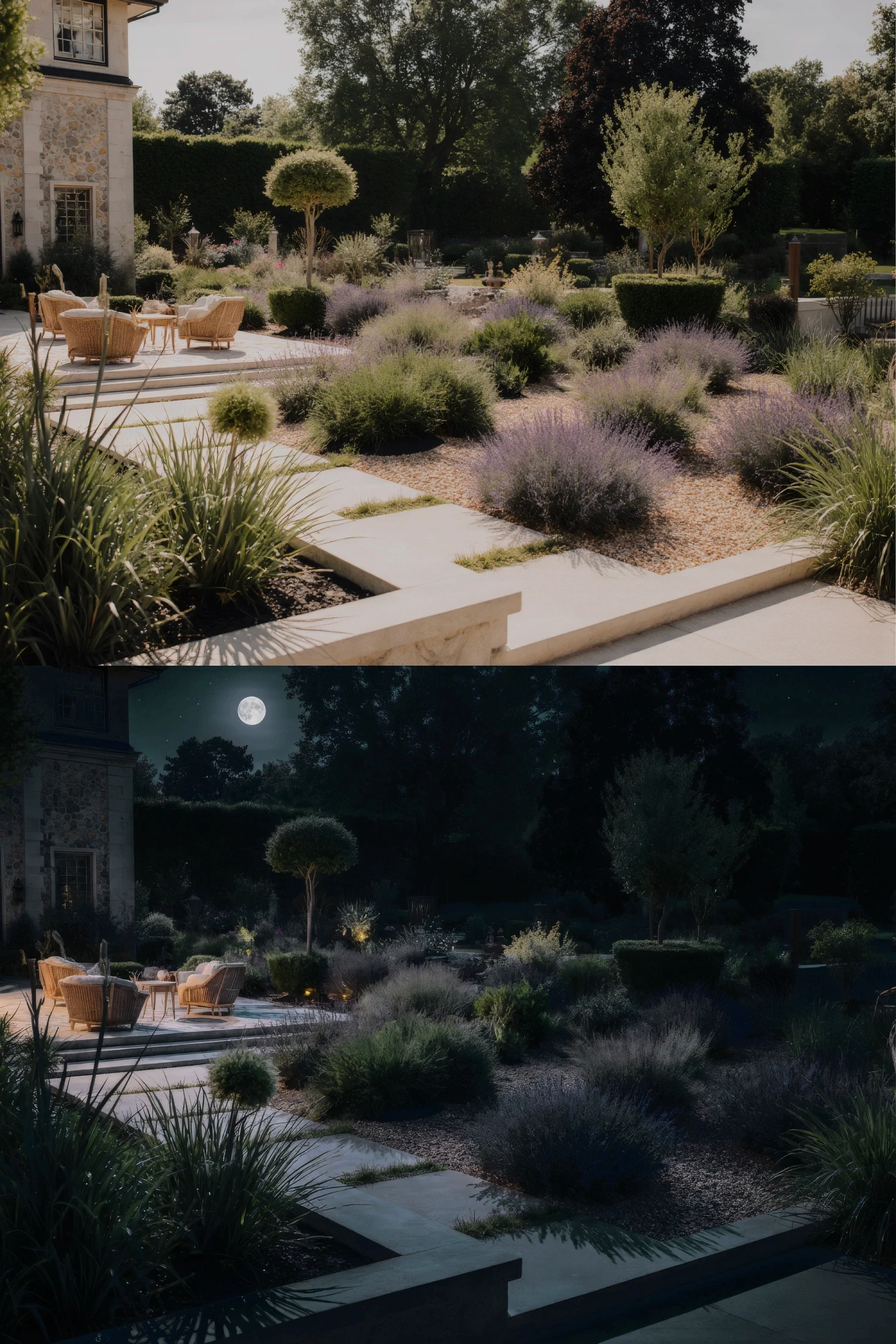 A terrace garden planted with lavender and grasses.