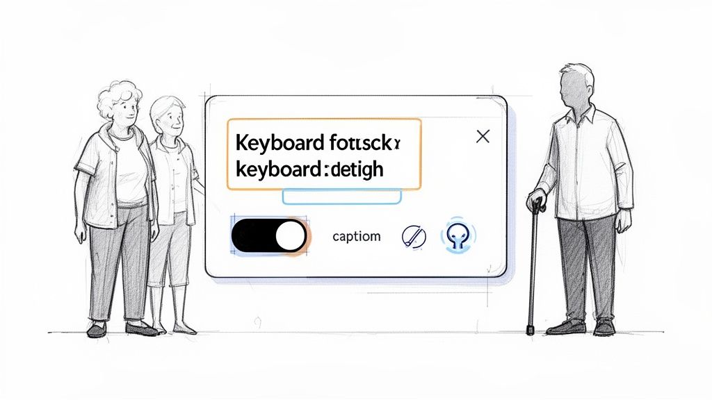Illustration of seniors observing a UI element with keyboard text, a toggle switch, and accessibility icons.