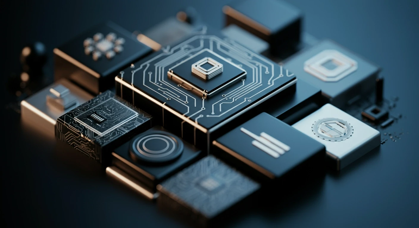 A close-up of three-dimensional blocks, each representing different software development stages and aspects such as product design, packaging design, technology platform creation, computer code, and web design. The composition is centered with an angle that emphasizes creativity and modernity. Black, white, and gray tones create depth, contrasted against a dark blue or gray background to highlight the theme. High resolution. Blue tone. Artificial Intelligence.