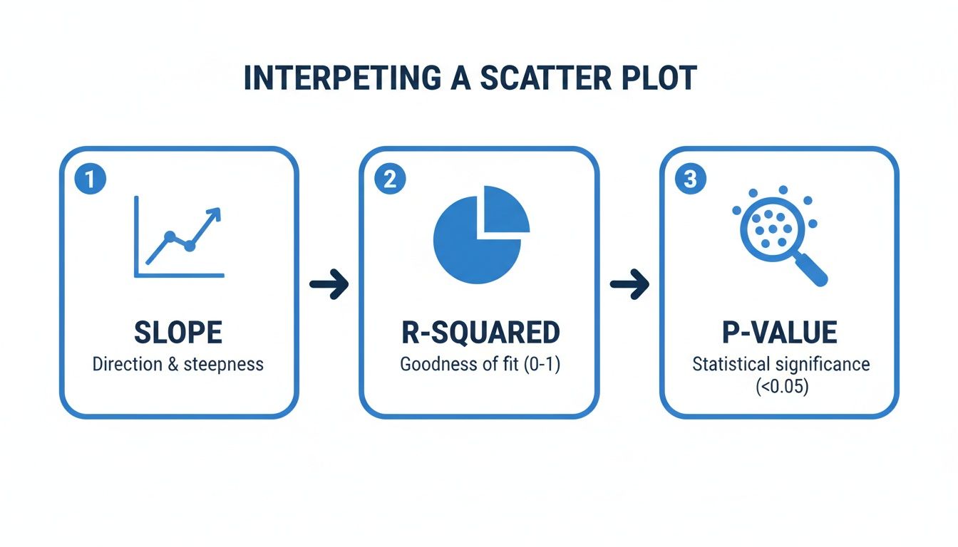 A diagram illustrating how to interpret a scatter plot using slope, R-squared, and p-value.