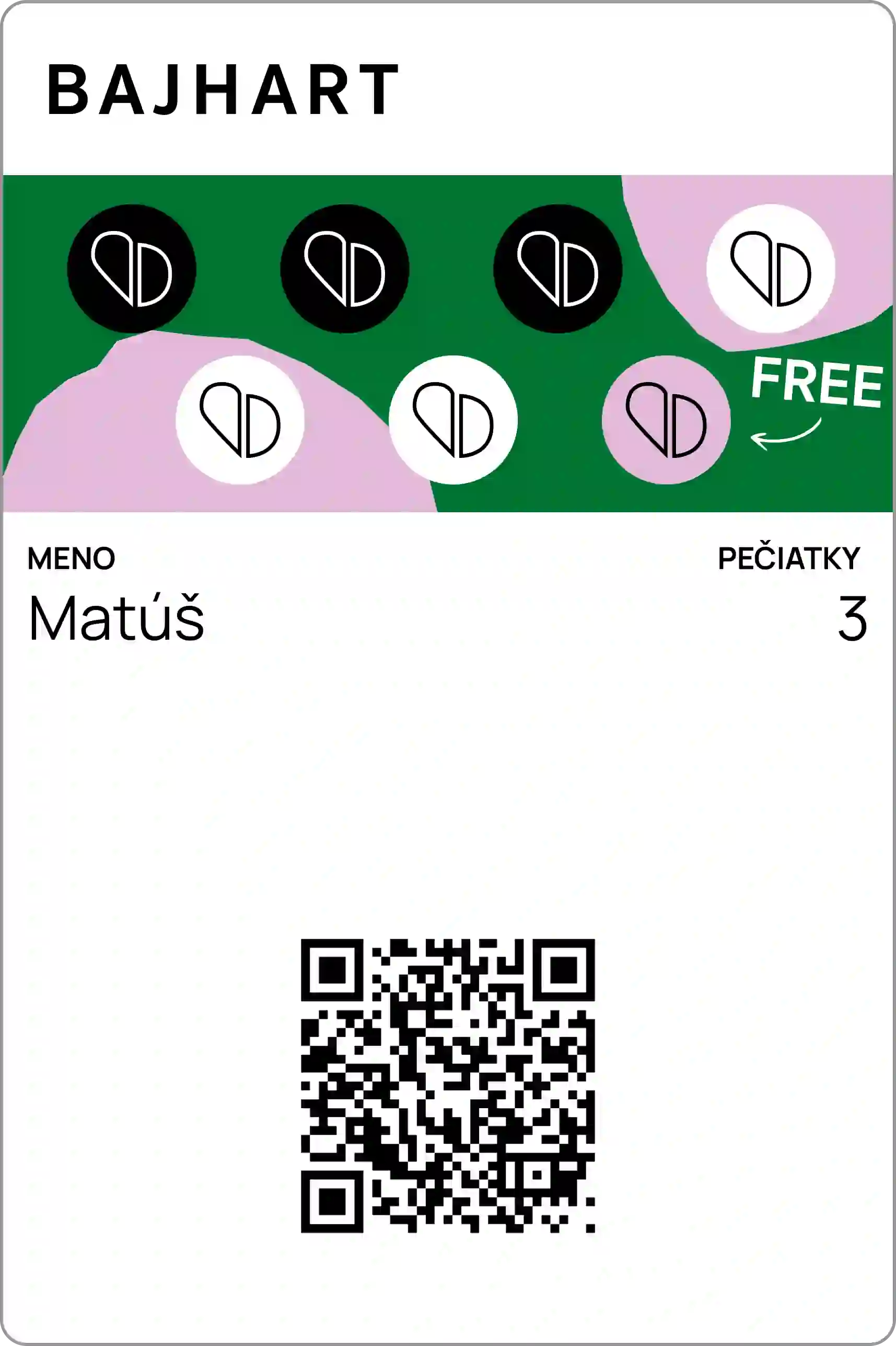 Digitálna pečiatková karta kaviarne Bajhart s 8 pozíciami, 3 zozbierané pečiatky. Zeleno-ružový abstraktný dizajn s ikonami kávy. Posledná pečiatka = FREE. Meno Matúš.