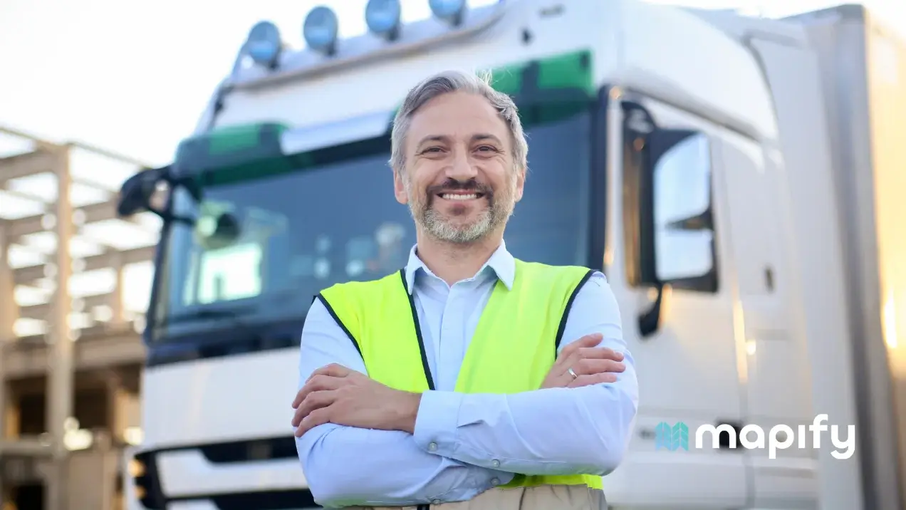 Smiling man with gray hair in a yellow safety vest stands confidently in front of a white truck, conveying assurance and professionalism.