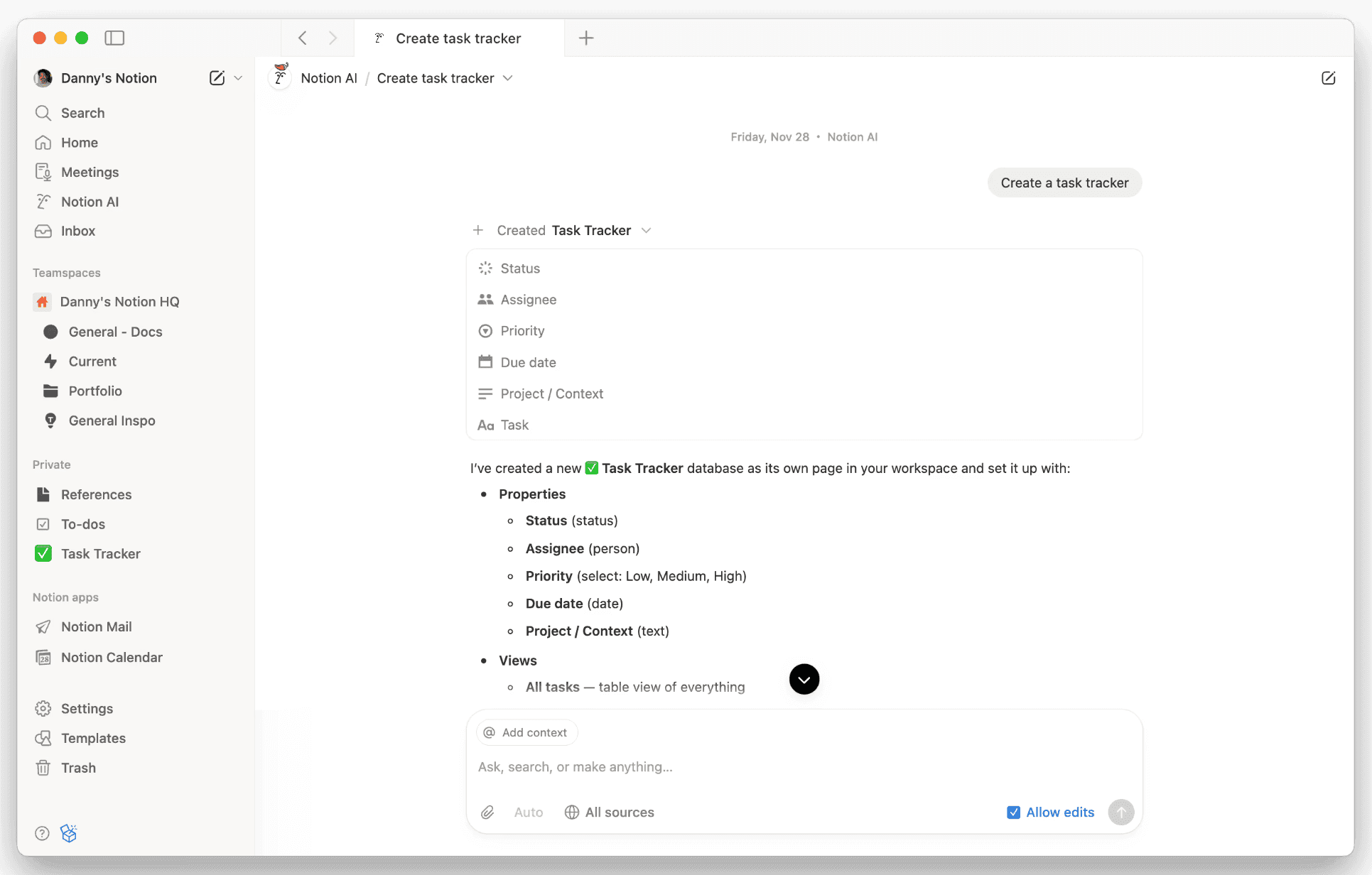Screenshot of Notion showing an automatically generated “Task Tracker” database with fields for status, assignee, priority, due date, and project context, alongside the workspace sidebar.