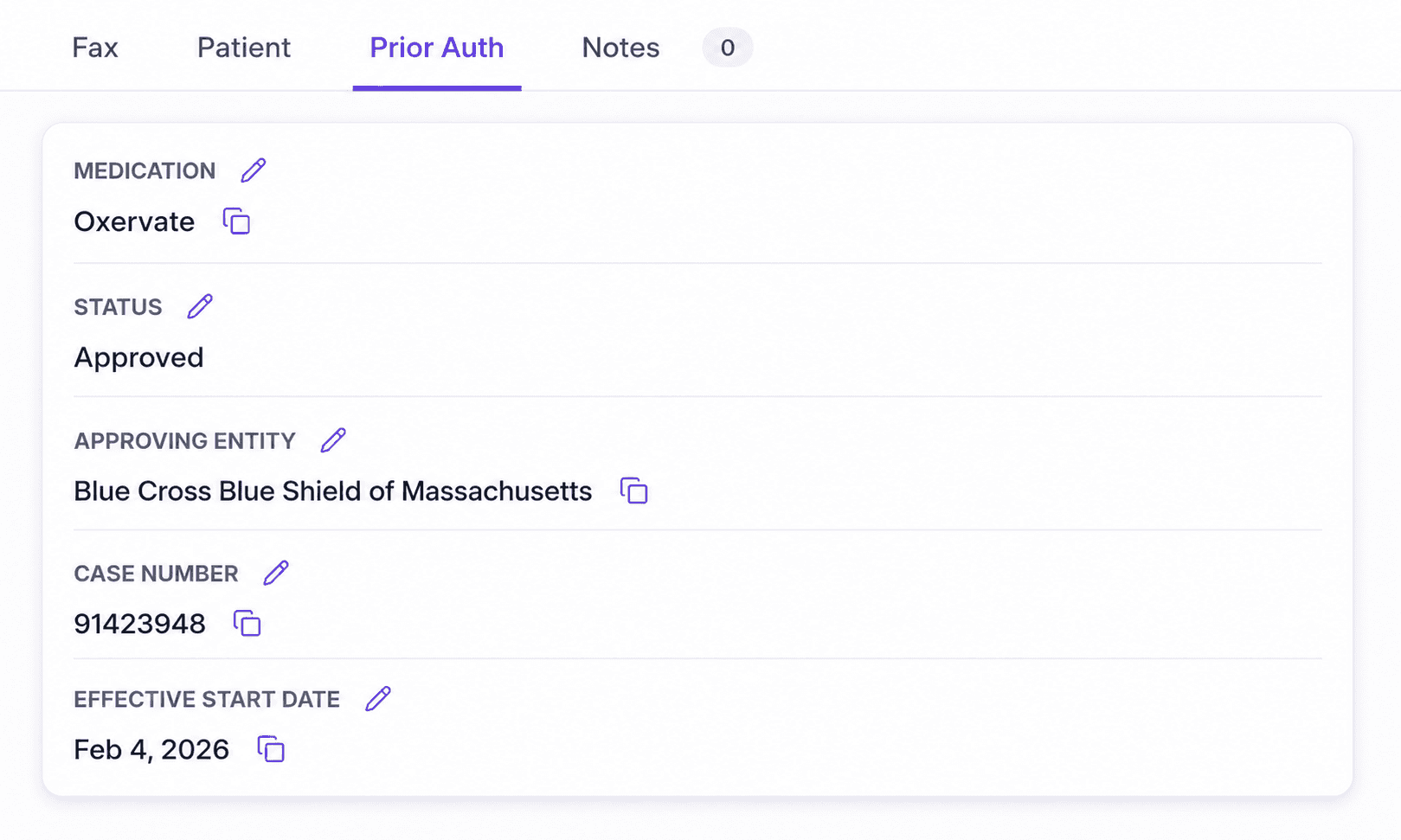 prior authorization fields screenshot